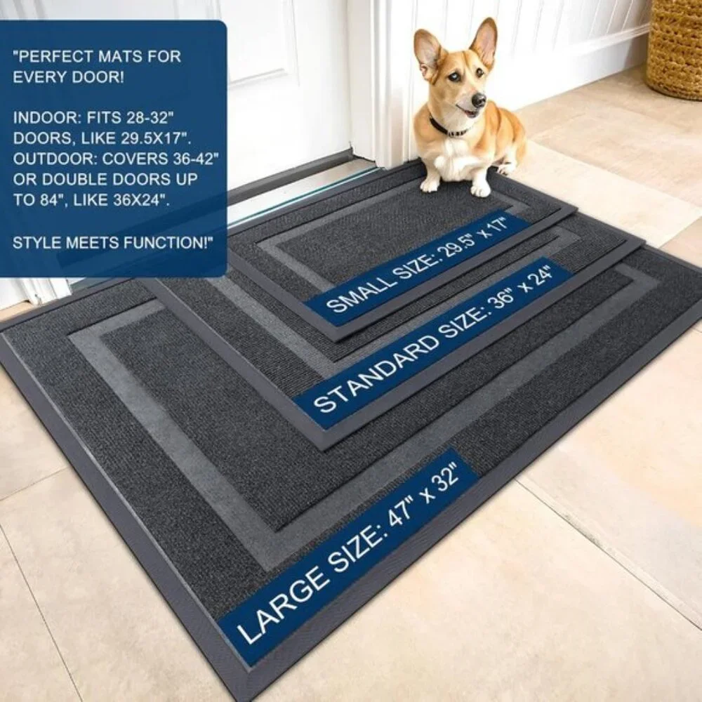 New 29.5x17In Grey Front Door Mat, Waterproof, All-Weather, Rubber, Easy Clean